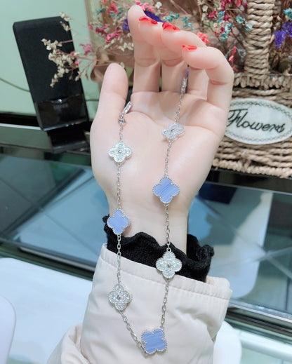 [Stellar Jewelry]CLOVER 10 MOTIFS CHALCEDONY DIAMONDS SILVER NECKLACE